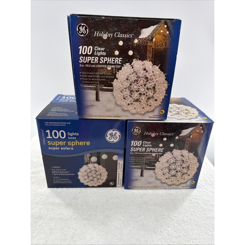 Set 3 GE Holiday Classics 100 Lights Super Sphere Ball Clear Indoor Outdoor 6" - Picture 1 of 7